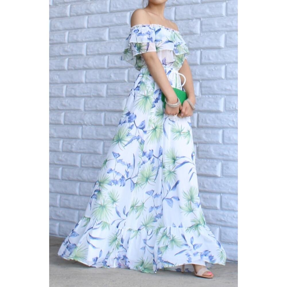 Women’s Floral Off Shoulder Maxi Dress Ruffle Hem Tie Waist Summer Vacation